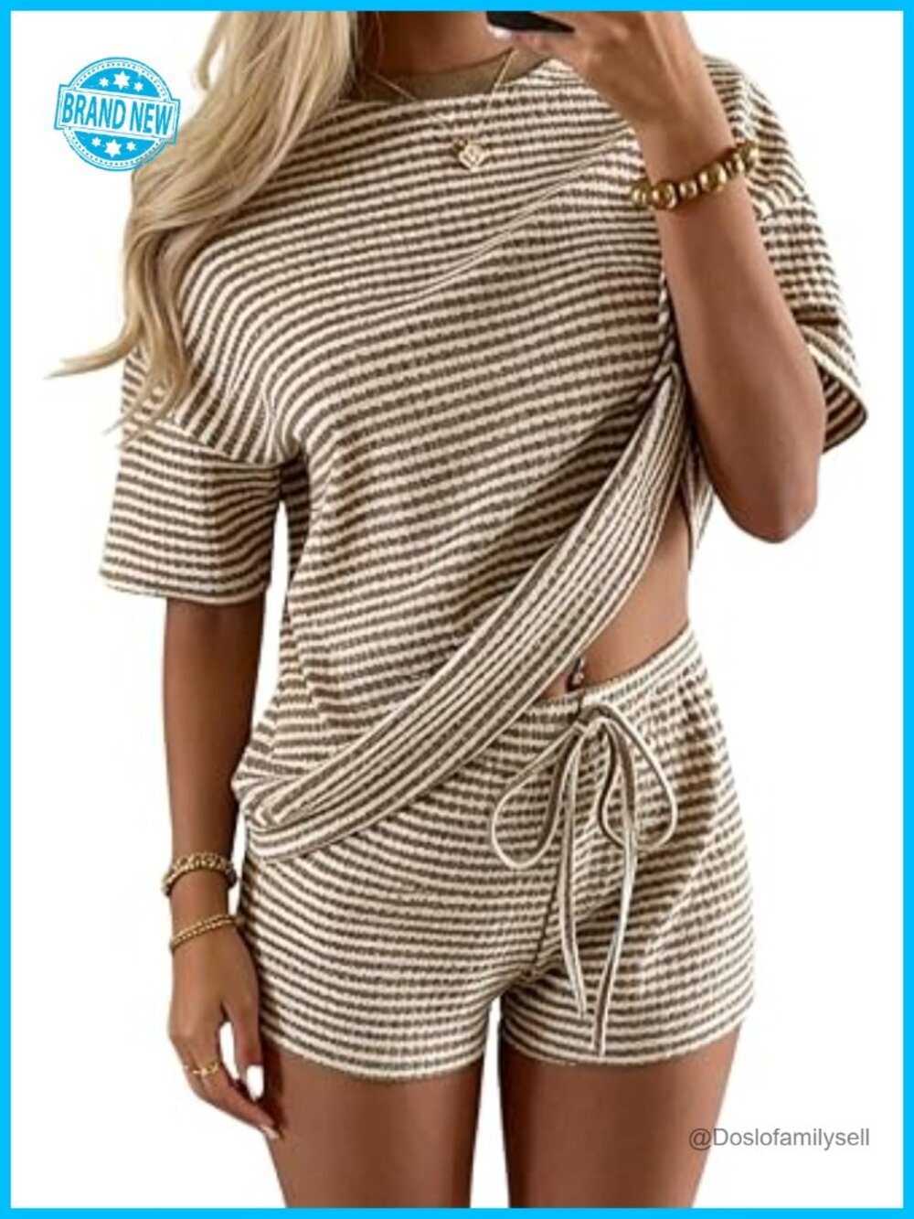 Striped Lounge Set Short Sleeve Knit Oversized T Shirts Shorts Matching Set